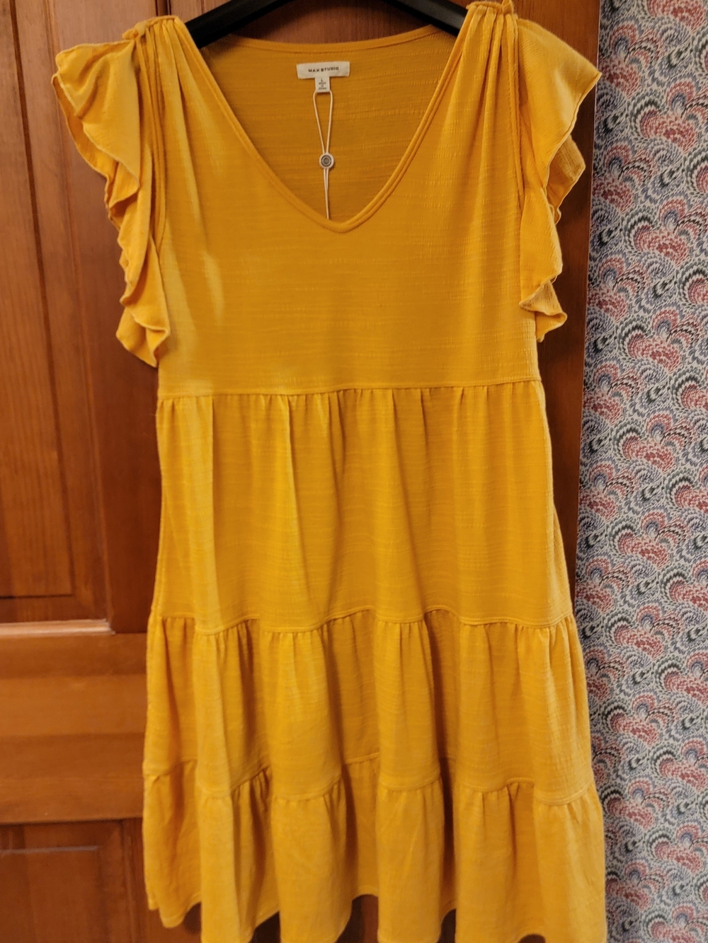 NWT Max Studio Mustard Yellow Ruffle Tiered Babydoll Mini Dress Large